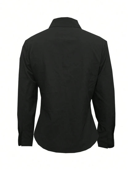 Women's Solid Color Long Sleeve Shirt, Featuring A Collared Design To Showcase A Professional And Capable Demeanor, Made Of Comfortable Fabric. Spring Black