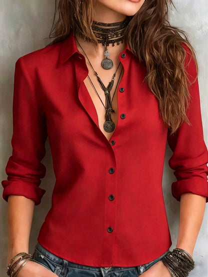 Women's Solid Color Long Sleeve Shirt, Featuring A Collared Design To Showcase A Professional And Capable Demeanor, Made Of Comfortable Fabric. Spring Black
