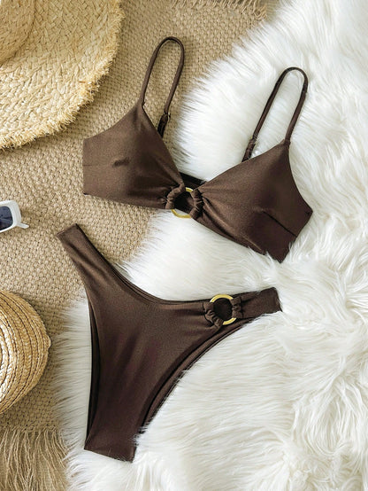 Women's Solid Color Metal Ring Detachable Strap Spaghetti Strap Bikini Set, Summer Vacation Beach