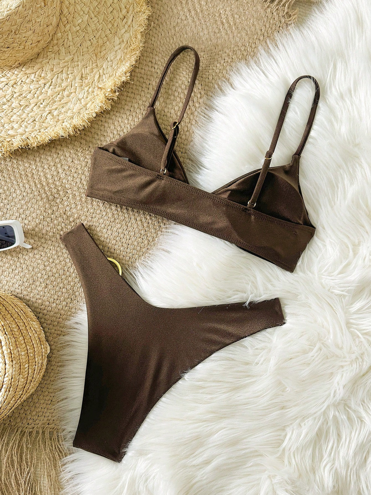 Women's Solid Color Metal Ring Detachable Strap Spaghetti Strap Bikini Set, Summer Vacation Beach