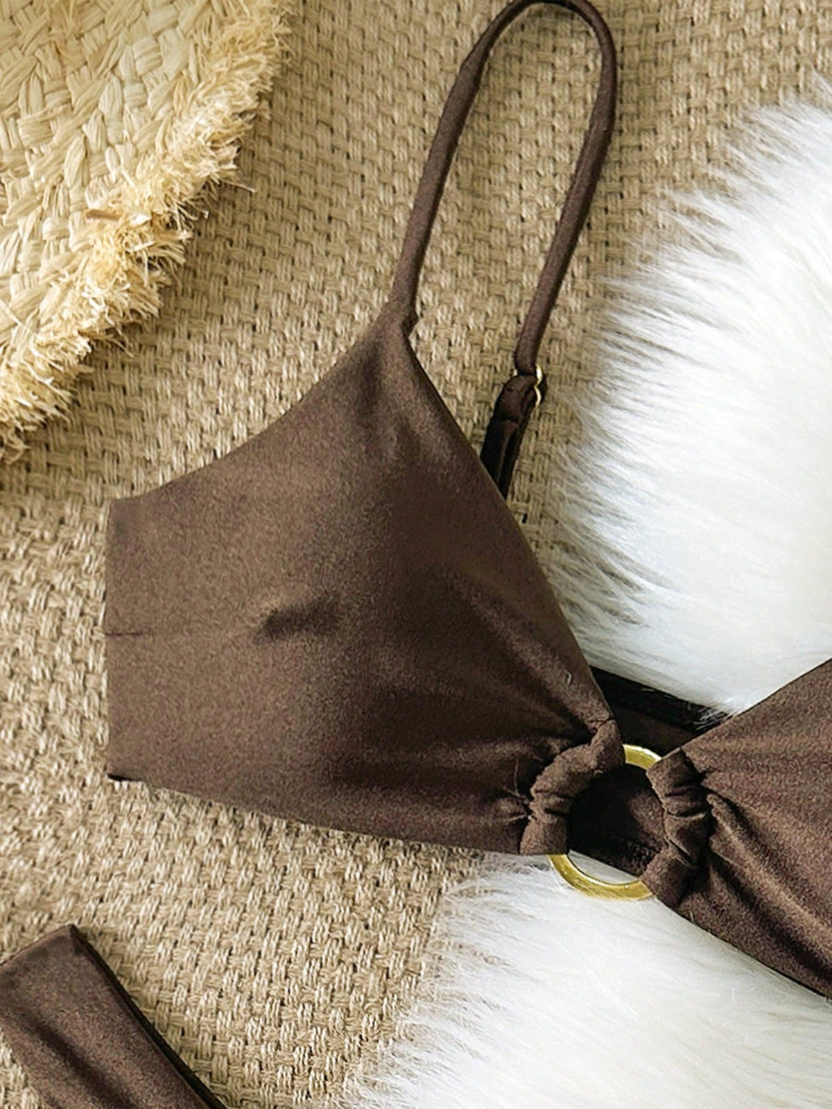 Women's Solid Color Metal Ring Detachable Strap Spaghetti Strap Bikini Set, Summer Vacation Beach