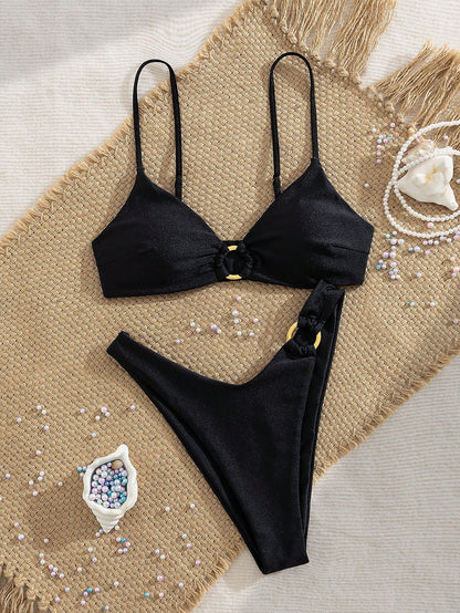 Women's Solid Color Metal Ring Detachable Strap Spaghetti Strap Bikini Set, Summer Vacation Beach