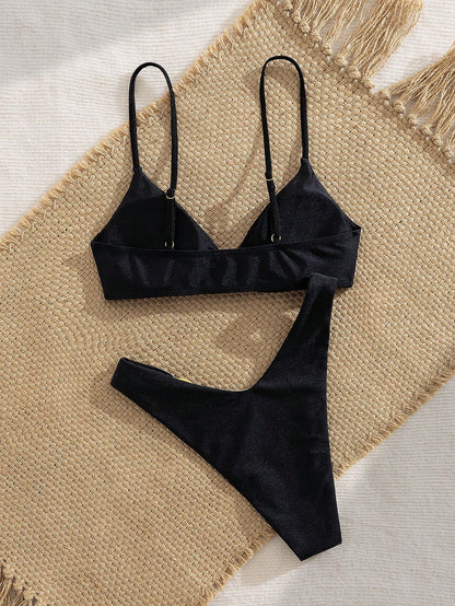 Women's Solid Color Metal Ring Detachable Strap Spaghetti Strap Bikini Set, Summer Vacation Beach