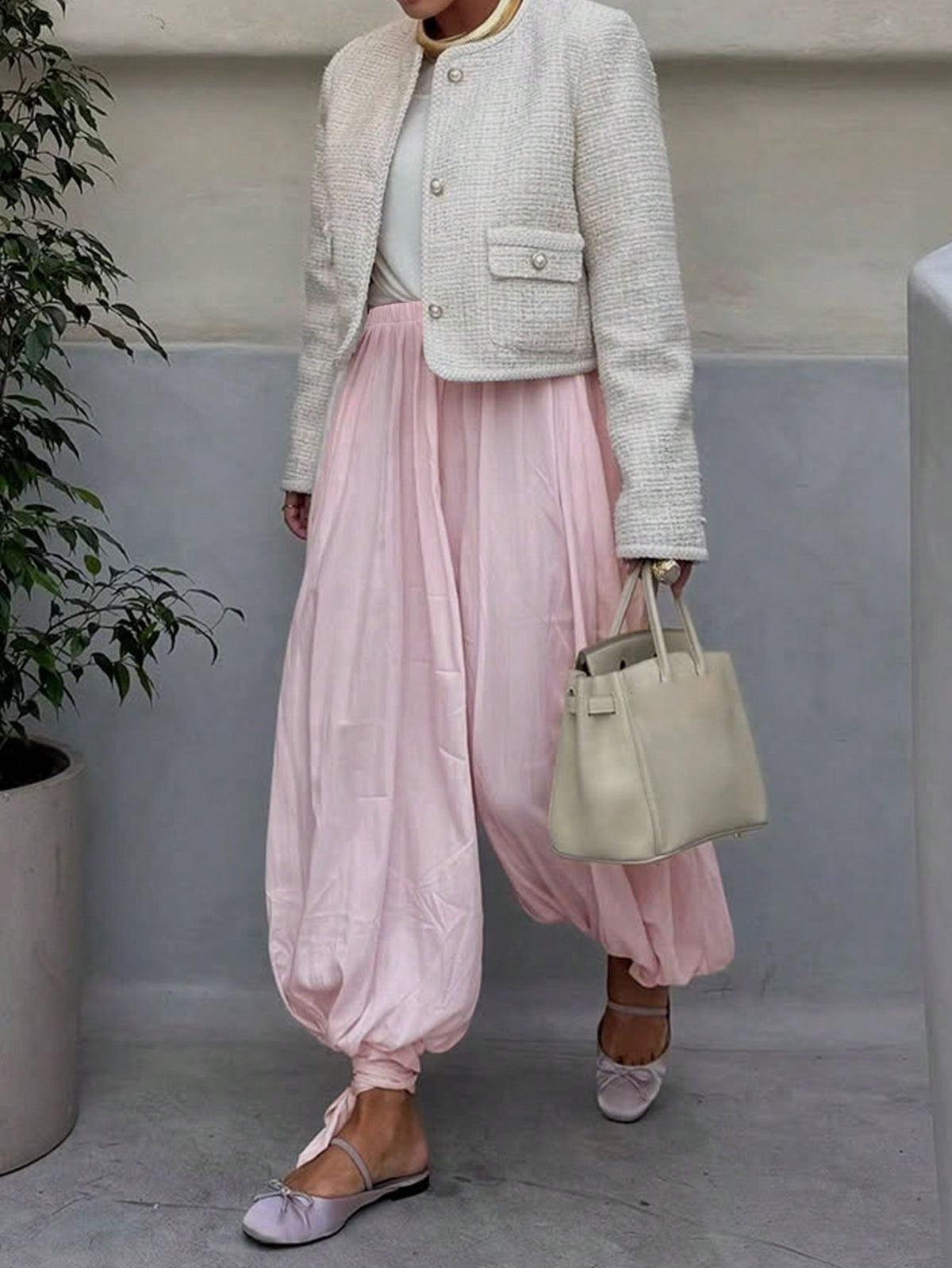 Women's Solid Color Pleated Casual Loose Drawstring Harem Pants Pink Spring