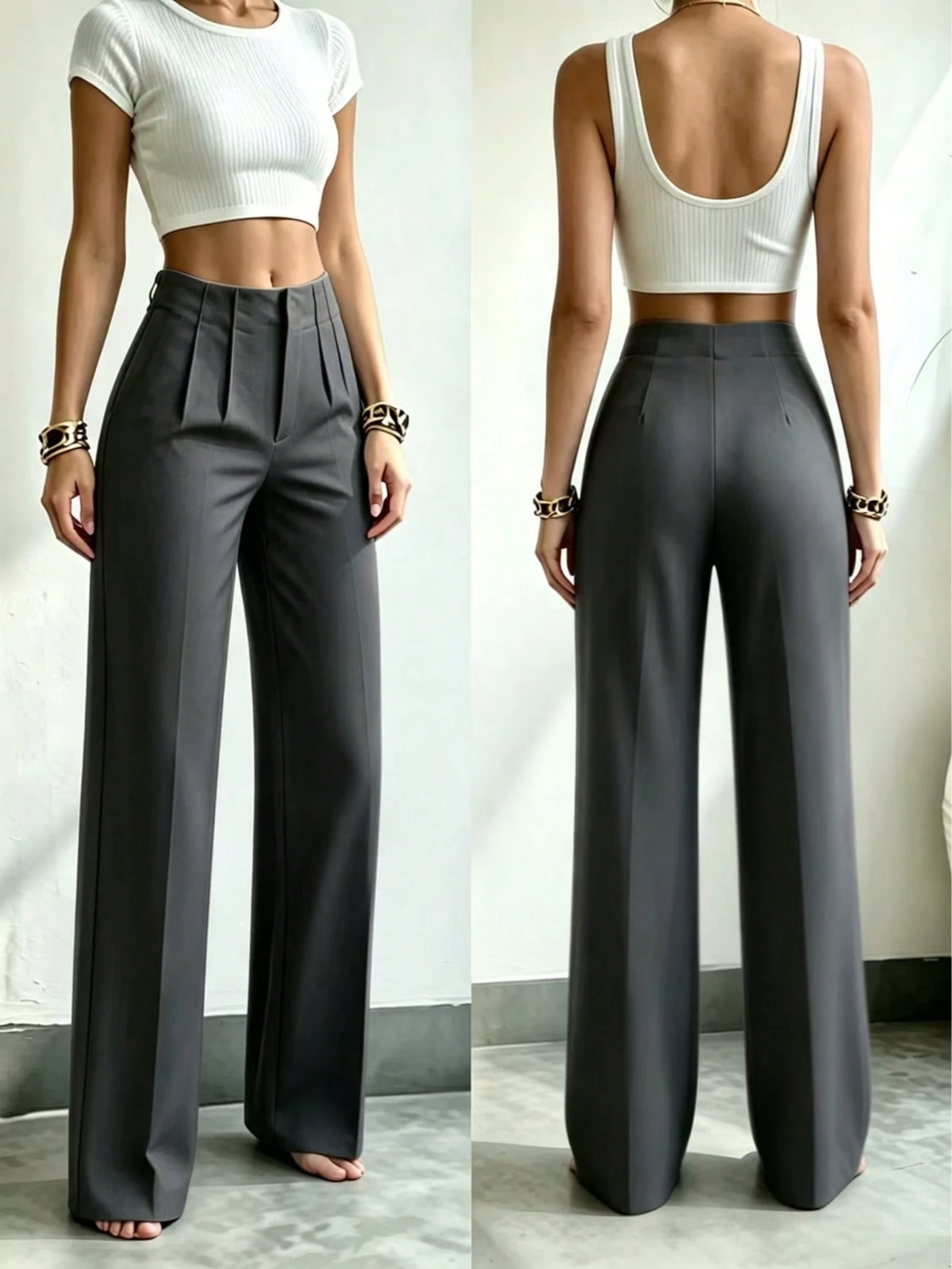 Women's Solid Color Wide Leg Straight Business Pants, Minimalist Casual Elegant, Versatile For Commuting And Multiple Occasions
