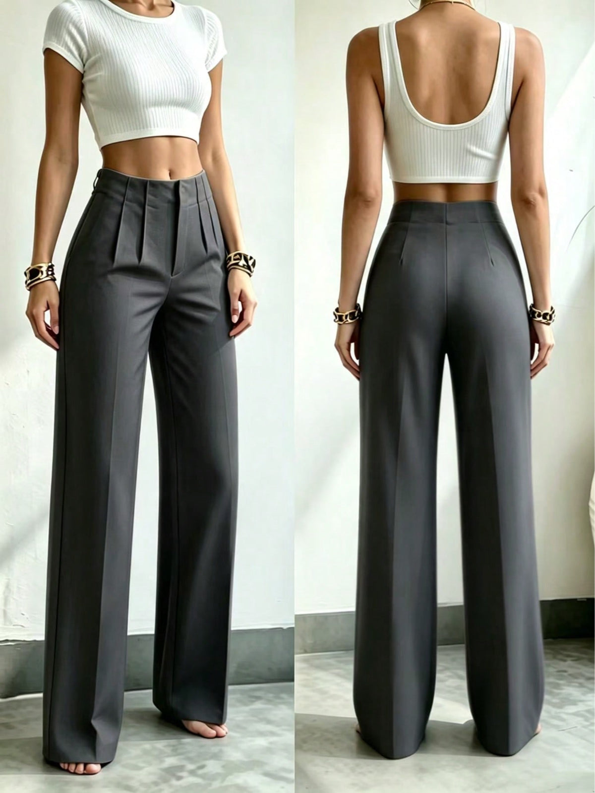 Women's Solid Color Wide Leg Straight Business Pants, Minimalist Casual Elegant, Versatile For Commuting And Multiple Occasions