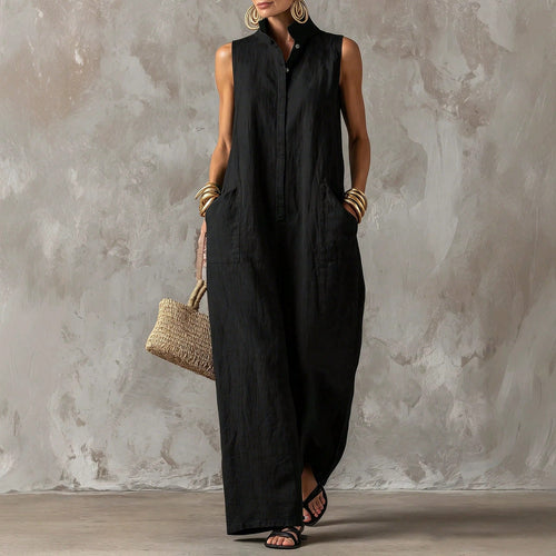 Women's Stand Collar Sleeveless Jumpsuit, Casual Minimalist Style, Loose Wide Leg Fit, Daily Wear & Vacation, Button-Front With Side Pocke