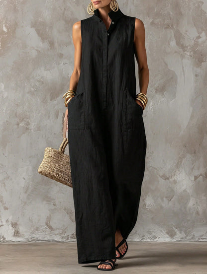 Women's Stand Collar Sleeveless Jumpsuit, Casual Minimalist Style, Loose Wide Leg Fit, Daily Wear & Vacation, Button-Front With Side Pocke