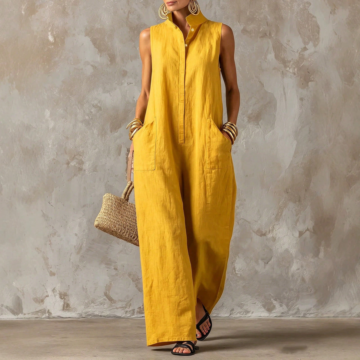 Women's Stand Collar Sleeveless Jumpsuit, Casual Minimalist Style, Loose Wide Leg Fit, Daily Wear & Vacation, Button-Front With Side Pocke