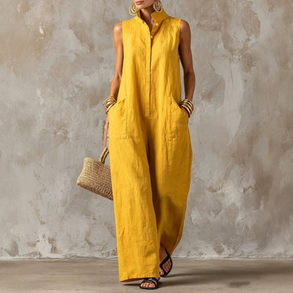 Women's Stand Collar Sleeveless Jumpsuit, Casual Minimalist Style, Loose Wide Leg Fit, Daily Wear & Vacation, Button-Front With Side Pocke