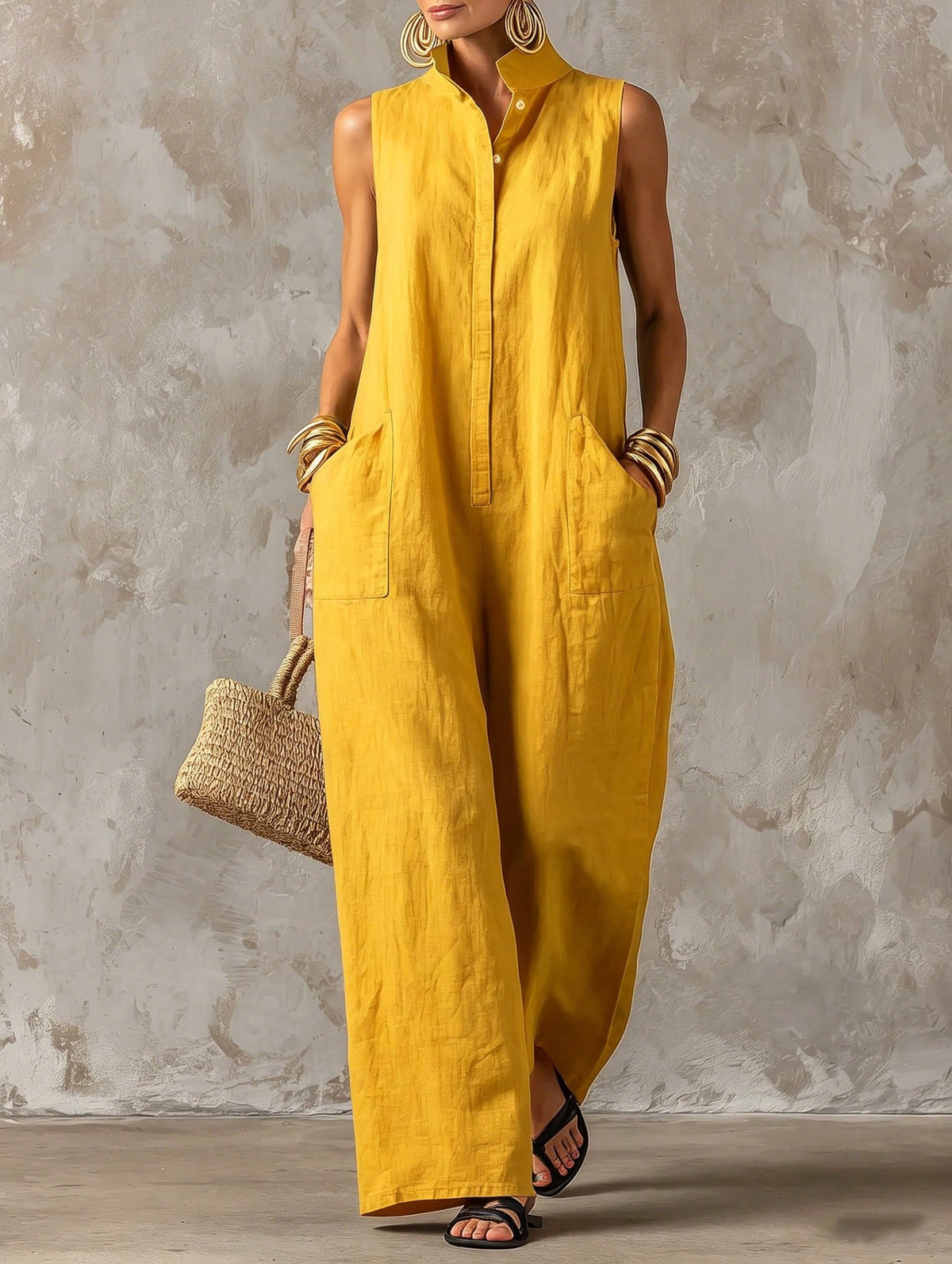Women's Stand Collar Sleeveless Jumpsuit, Casual Minimalist Style, Loose Wide Leg Fit, Daily Wear & Vacation, Button-Front With Side Pocke