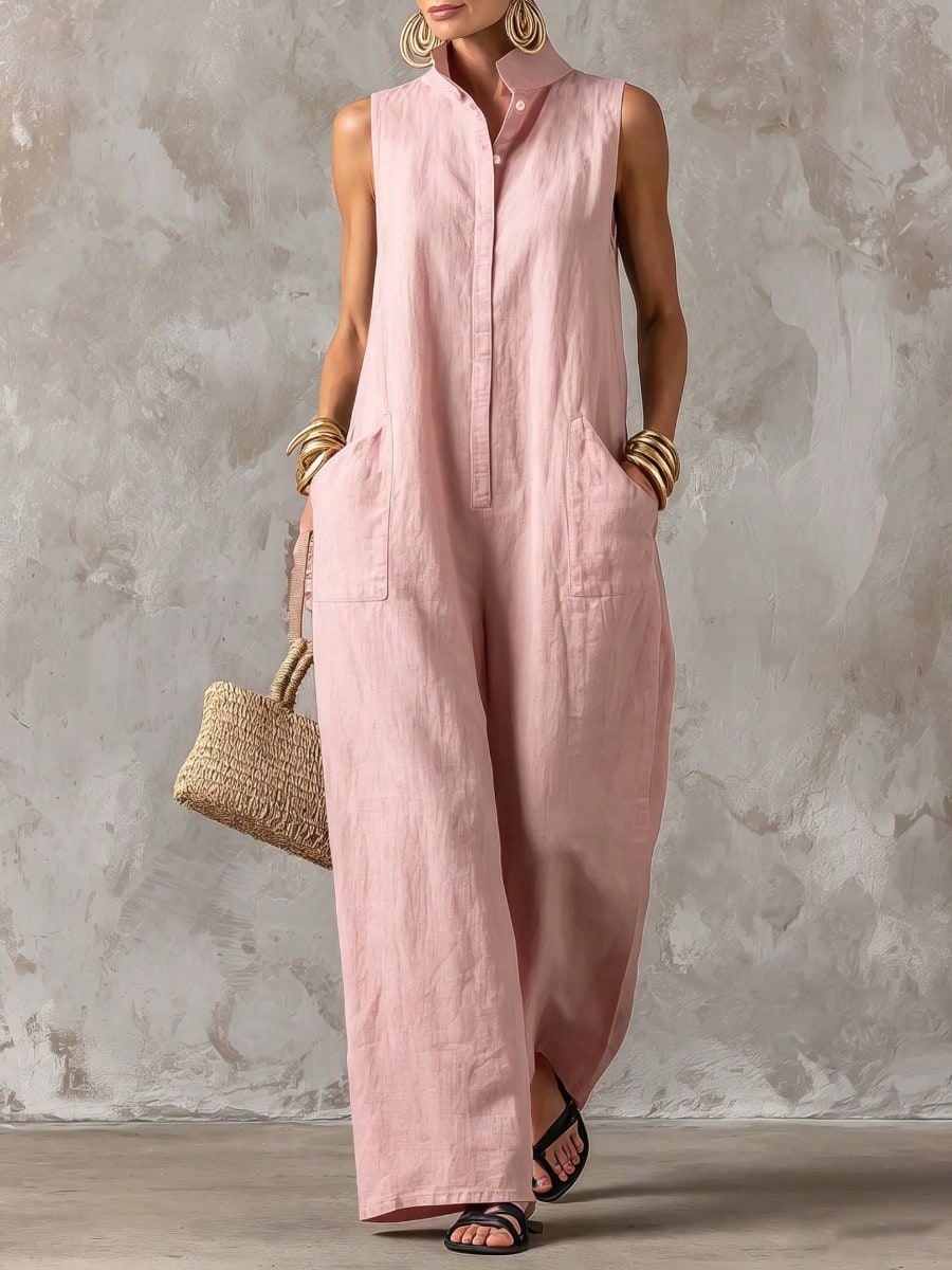 Women's Stand Collar Sleeveless Jumpsuit, Casual Minimalist Style, Loose Wide Leg Fit, Daily Wear & Vacation, Button-Front With Side Pocke