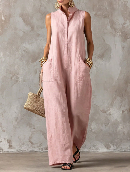 Women's Stand Collar Sleeveless Jumpsuit, Casual Minimalist Style, Loose Wide Leg Fit, Daily Wear & Vacation, Button-Front With Side Pocke