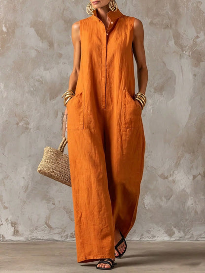 Women's Stand Collar Sleeveless Jumpsuit, Casual Minimalist Style, Loose Wide Leg Fit, Daily Wear & Vacation, Button-Front With Side Pocke