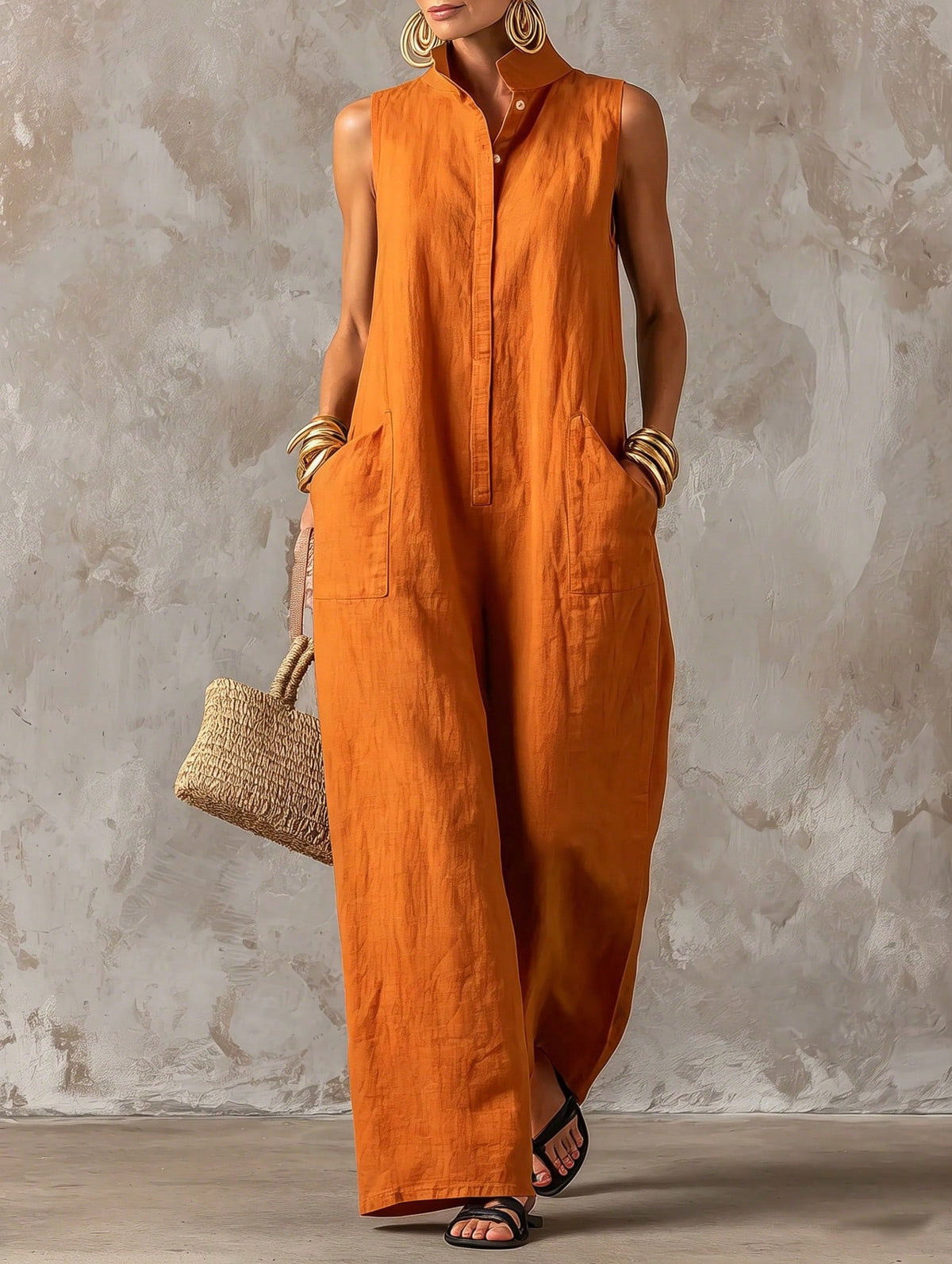 Women's Stand Collar Sleeveless Jumpsuit, Casual Minimalist Style, Loose Wide Leg Fit, Daily Wear & Vacation, Button-Front With Side Pocke