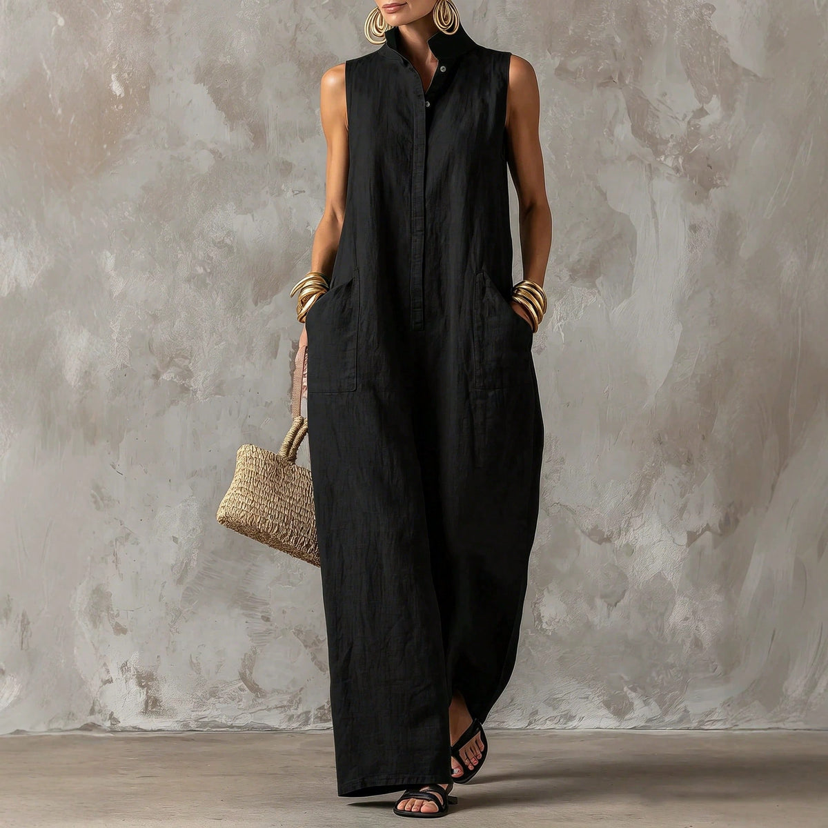 Women's Stand Collar Sleeveless Jumpsuit, Casual Minimalist Style, Loose Wide Leg Fit, Daily Wear & Vacation, Button-Front With Side Pocke