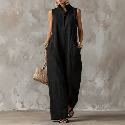Women's Stand Collar Sleeveless Jumpsuit, Casual Minimalist Style, Loose Wide Leg Fit, Daily Wear & Vacation, Button-Front With Side Pocke