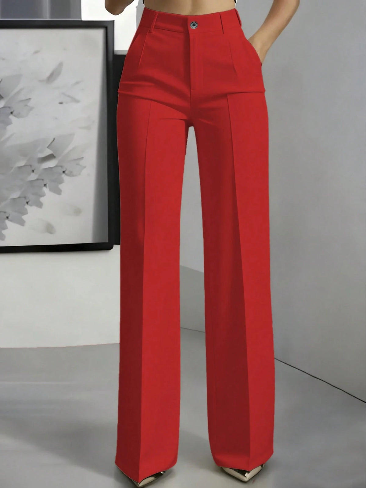 Women's Straight Loose Casual Solid Color Button Zipper Pocket Pants Spring Red