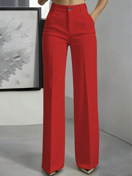 Women's Straight Loose Casual Solid Color Button Zipper Pocket Pants Spring Red
