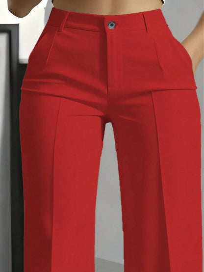 Women's Straight Loose Casual Solid Color Button Zipper Pocket Pants Spring Red