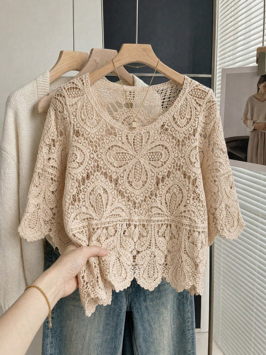 Women's Summer Bohemian Style Hollow Lace Blouse| Loose Short Sleeve Beach Shirt Suitable For Vacation, Festivals, Resorts And Music Festivals