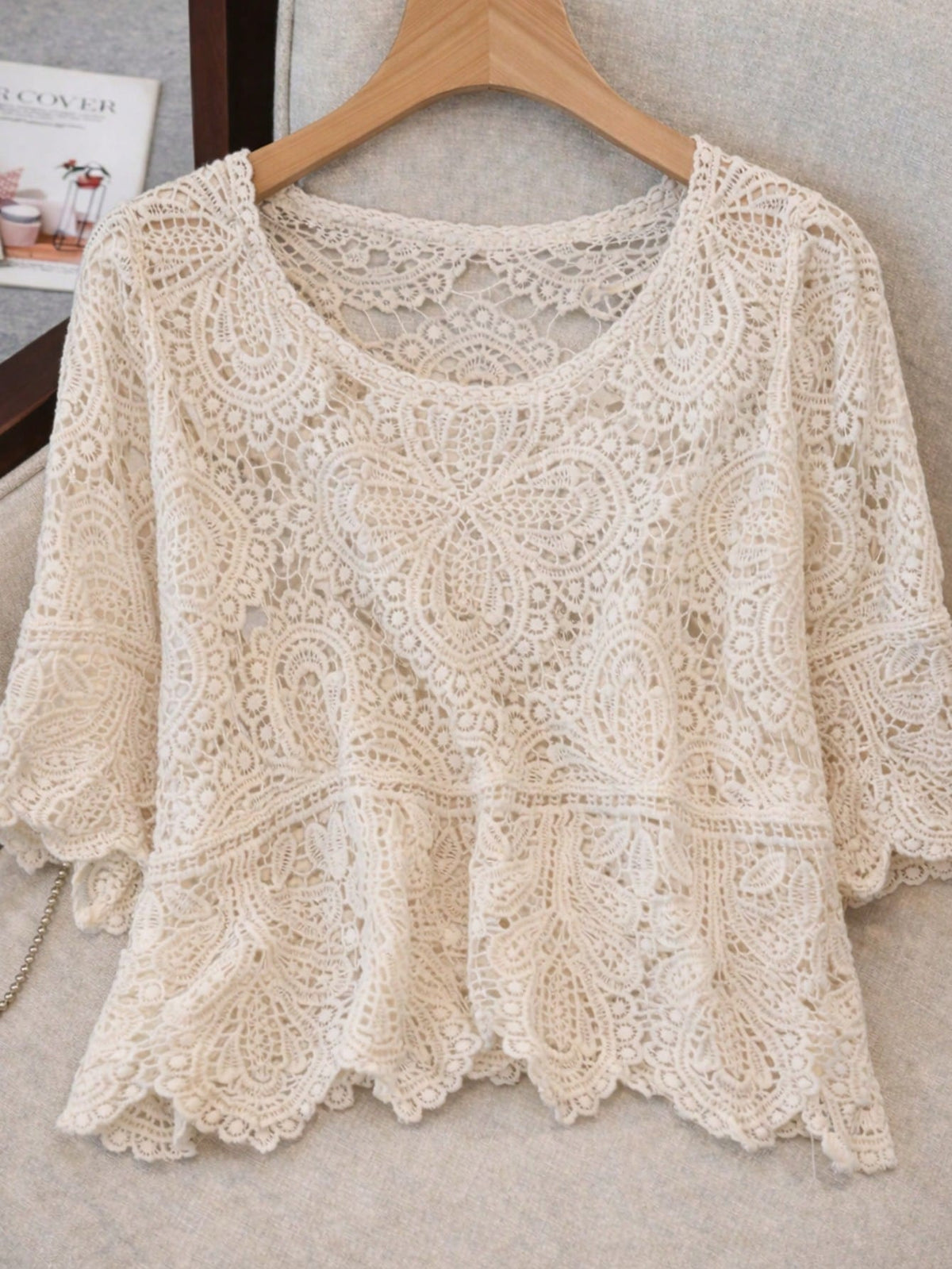 Women's Summer Bohemian Style Hollow Lace Blouse| Loose Short Sleeve Beach Shirt Suitable For Vacation, Festivals, Resorts And Music Festivals