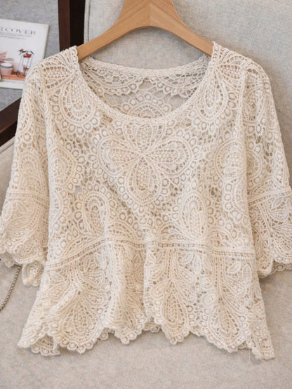 Women's Summer Bohemian Style Hollow Lace Blouse| Loose Short Sleeve Beach Shirt Suitable For Vacation, Festivals, Resorts And Music Festivals