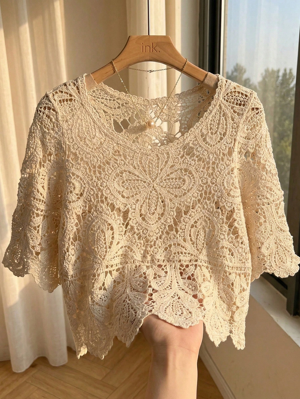 Women's Summer Bohemian Style Hollow Lace Blouse| Loose Short Sleeve Beach Shirt Suitable For Vacation, Festivals, Resorts And Music Festivals