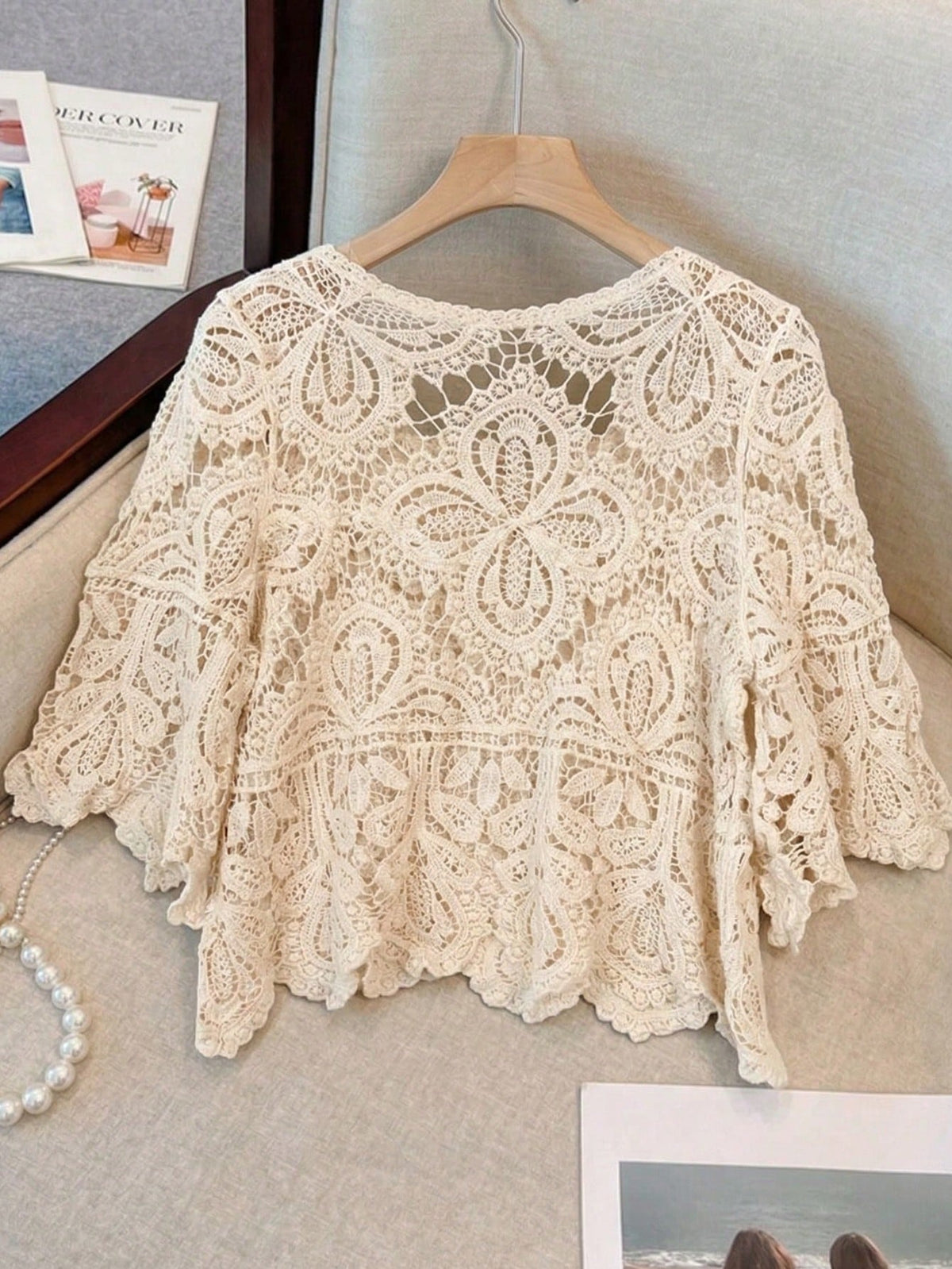 Women's Summer Bohemian Style Hollow Lace Blouse| Loose Short Sleeve Beach Shirt Suitable For Vacation, Festivals, Resorts And Music Festivals