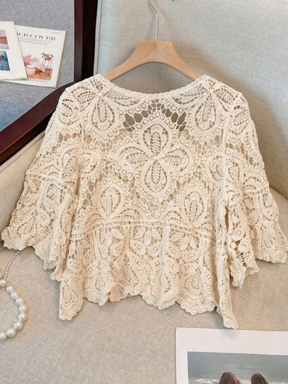 Women's Summer Bohemian Style Hollow Lace Blouse| Loose Short Sleeve Beach Shirt Suitable For Vacation, Festivals, Resorts And Music Festivals
