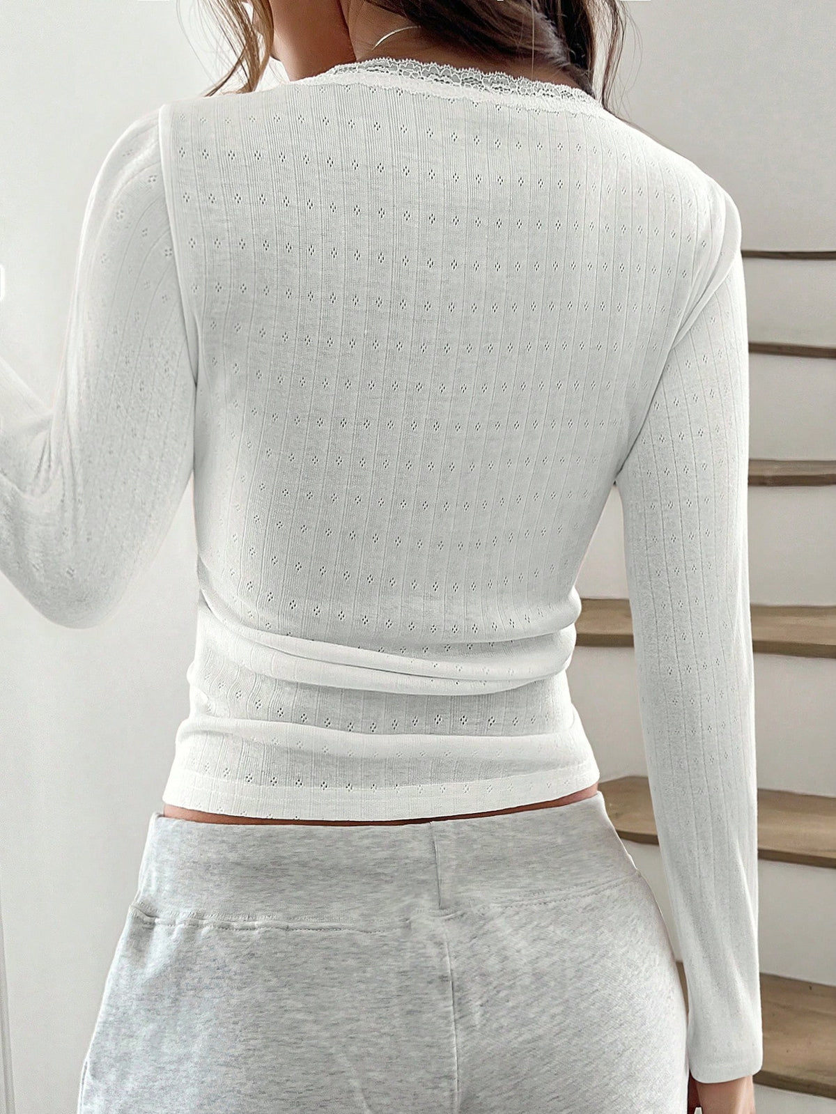 Women's Summer Elegant White Sweet Lace Trim Long Sleeve T-Shirt,Slim Fit 3-Button Casual Tee Autumn Date Cute Button Down Top