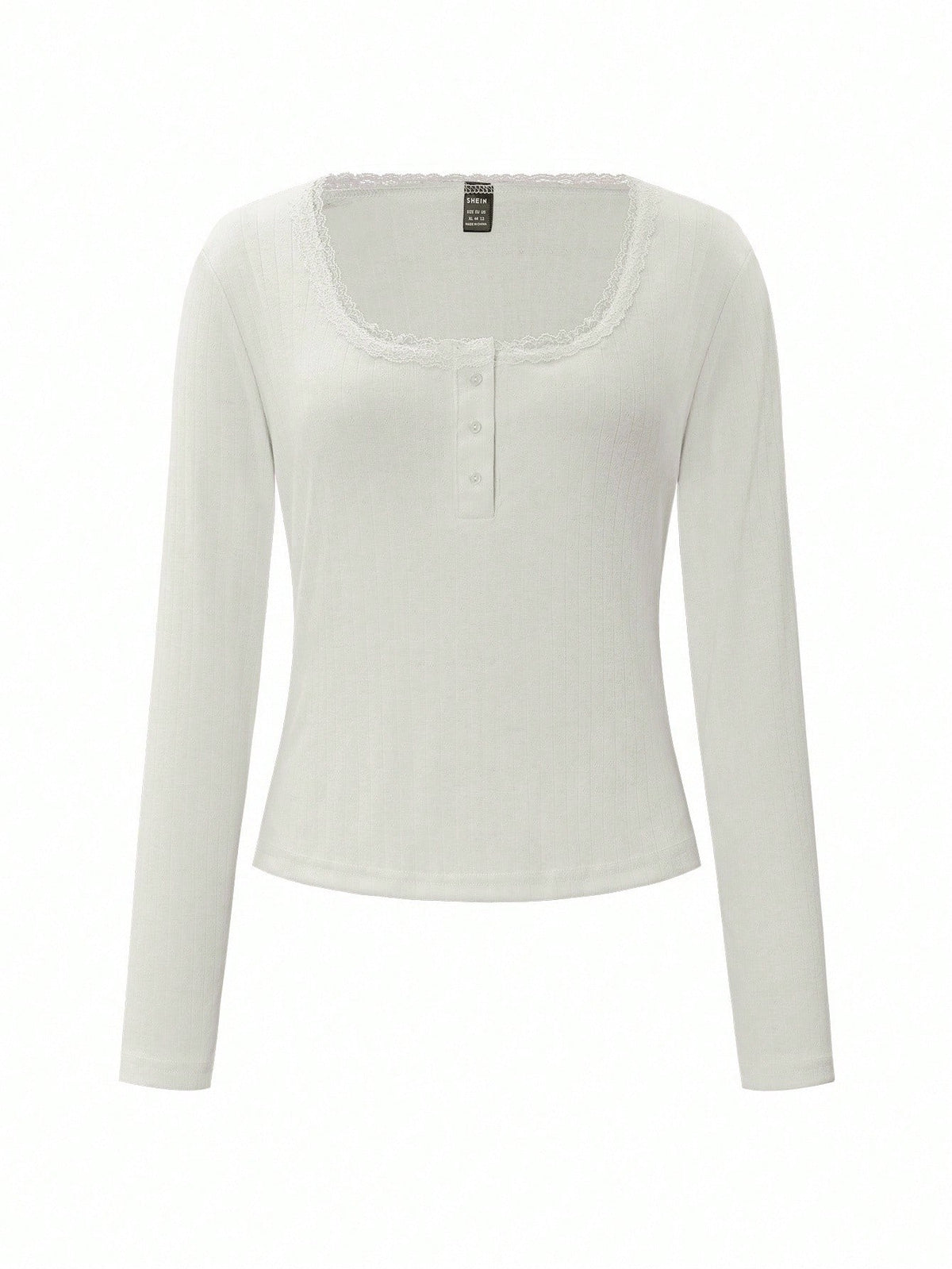 Women's Summer Elegant White Sweet Lace Trim Long Sleeve T-Shirt,Slim Fit 3-Button Casual Tee Autumn Date Cute Button Down Top