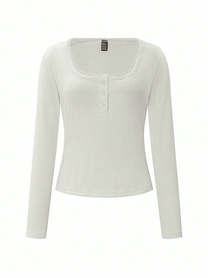 Women's Summer Elegant White Sweet Lace Trim Long Sleeve T-Shirt,Slim Fit 3-Button Casual Tee Autumn Date Cute Button Down Top