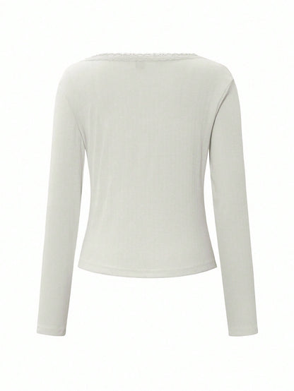 Women's Summer Elegant White Sweet Lace Trim Long Sleeve T-Shirt,Slim Fit 3-Button Casual Tee Autumn Date Cute Button Down Top