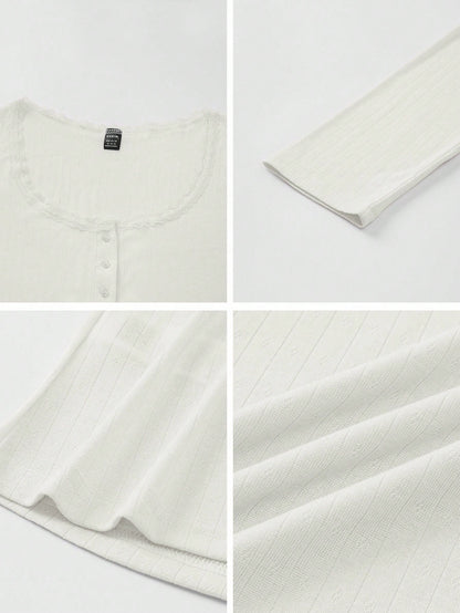 Women's Summer Elegant White Sweet Lace Trim Long Sleeve T-Shirt,Slim Fit 3-Button Casual Tee Autumn Date Cute Button Down Top