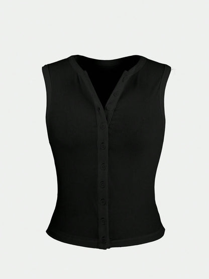 Women's Summer New Arrival Minimalist Fashion Fitted Button Camisole, Casual Versatile Black Top