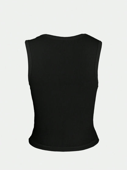 Women's Summer New Arrival Minimalist Fashion Fitted Button Camisole, Casual Versatile Black Top