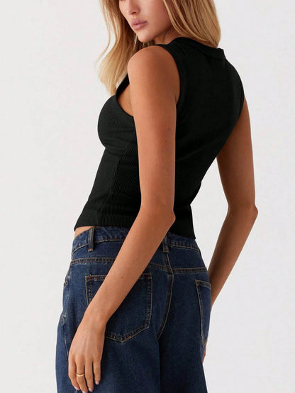 Women's Summer New Arrival Minimalist Fashion Fitted Button Camisole, Casual Versatile Black Top