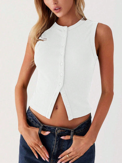 Women's Summer New Arrival Minimalist Fashion Fitted Button Camisole, Casual Versatile Black Top