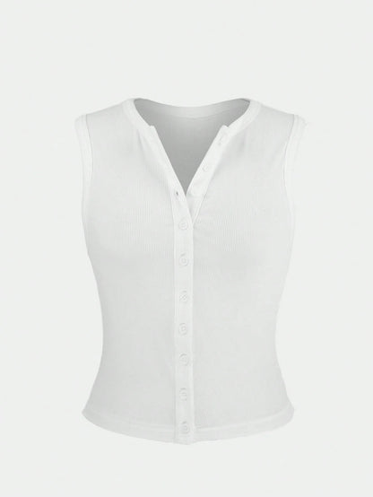 Women's Summer New Arrival Minimalist Fashion Fitted Button Camisole, Casual Versatile Black Top