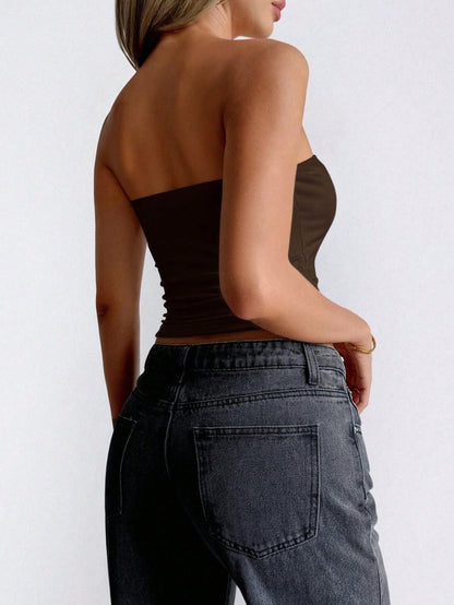 Women's Summer Sexy Hot Girl Casual Versatile Y2K Style Bandeau Top Brown