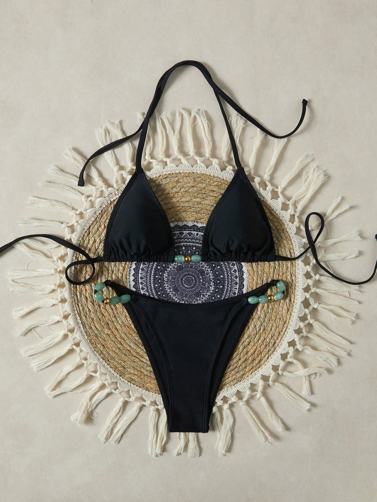 Women's Swimwear Triangle Bikini Set, Halter Neck Tie-Up, Simple And Sexy, Summer Vacation Beach Black