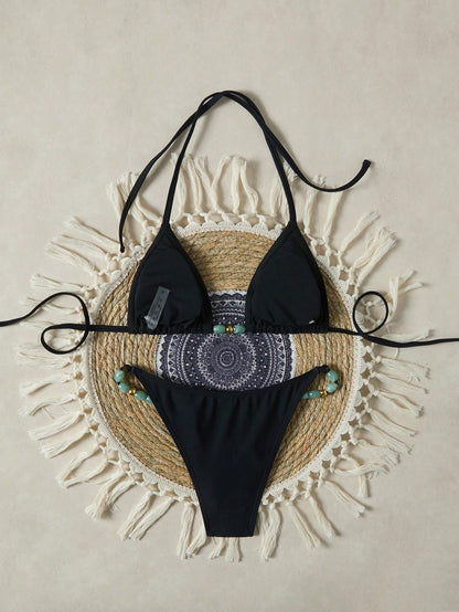 Women's Swimwear Triangle Bikini Set, Halter Neck Tie-Up, Simple And Sexy, Summer Vacation Beach Black