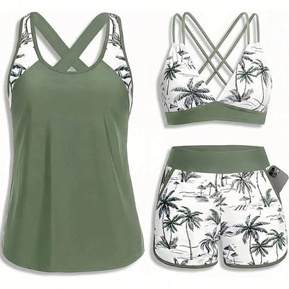 Women's Three-Piece Split Swimsuit With Pockets,-Back Design, Bikini With Shorts, Sports Swimwear, Summer Clothing, Vacation Wear