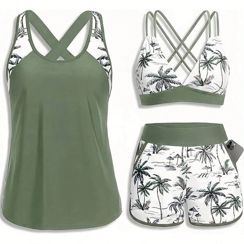 Women's Three-Piece Split Swimsuit With Pockets,-Back Design, Bikini With Shorts, Sports Swimwear, Summer Clothing, Vacation Wear