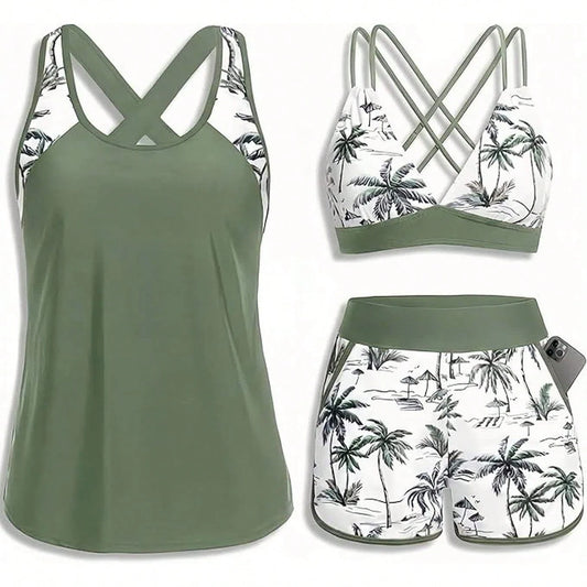 Women's Three-Piece Split Swimsuit With Pockets,-Back Design, Bikini With Shorts, Sports Swimwear, Summer Clothing, Vacation Wear
