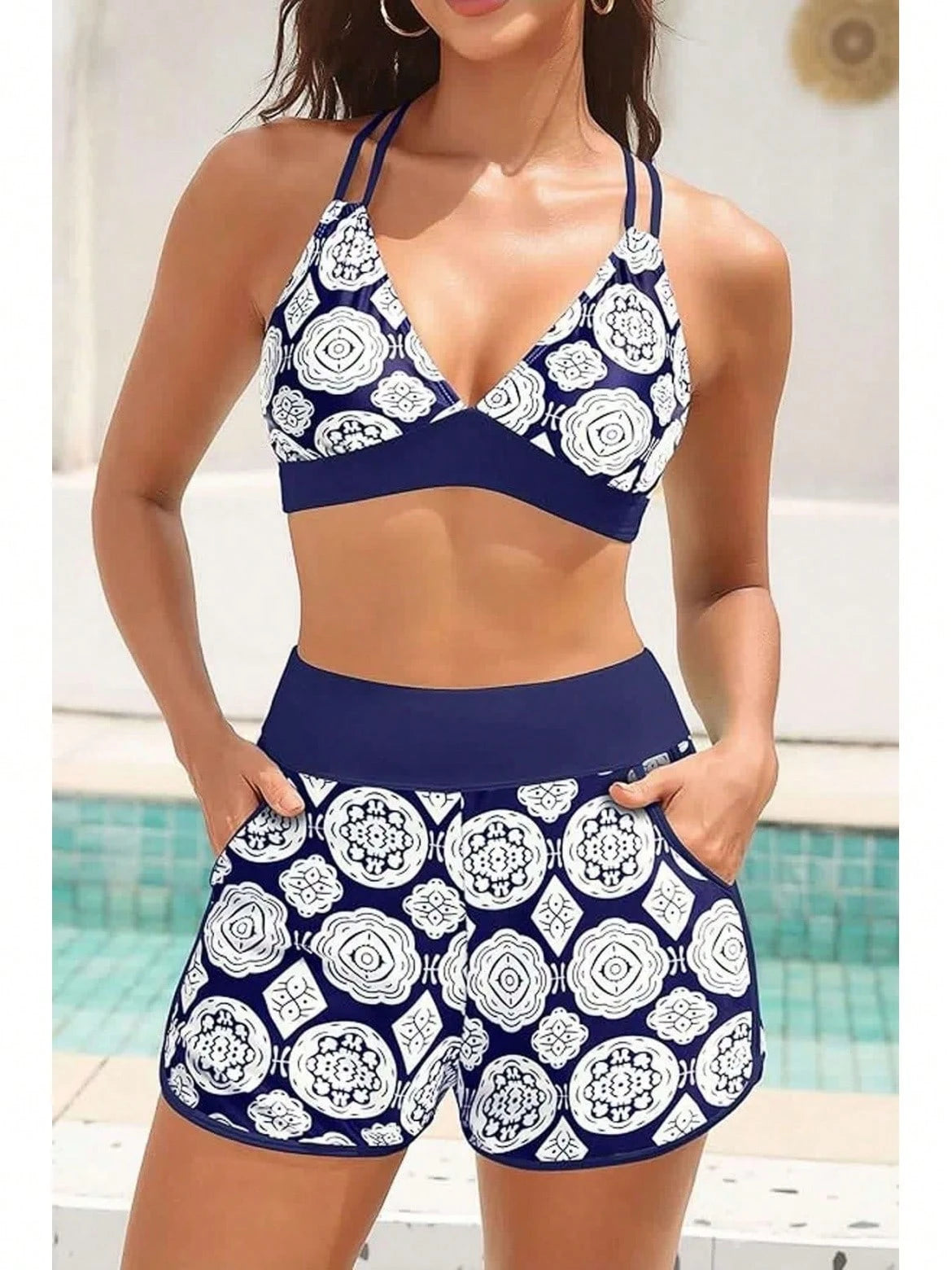 Women's Three-Piece Split Swimsuit With Pockets,-Back Design, Bikini With Shorts, Sports Swimwear, Summer Clothing, Vacation Wear