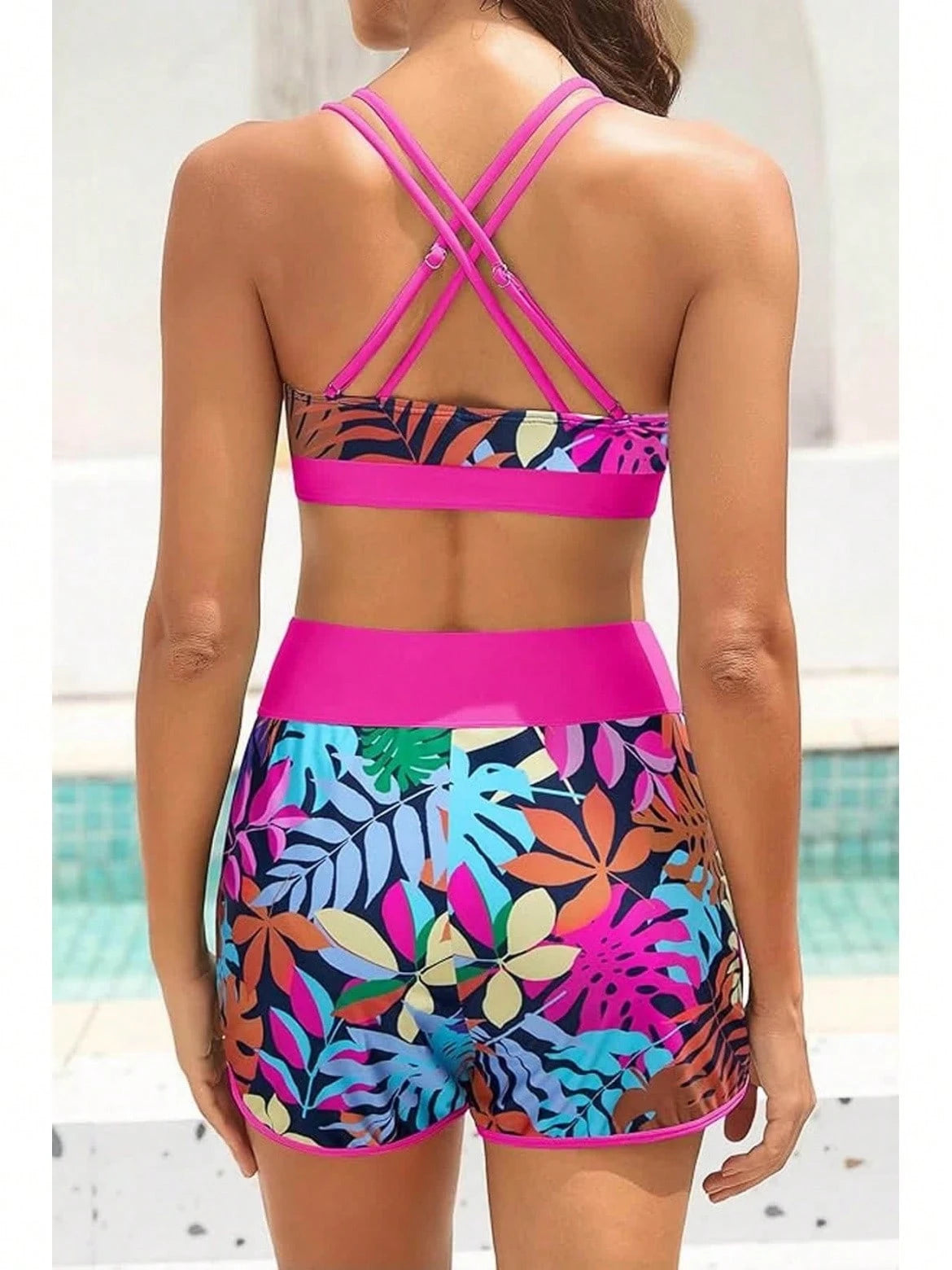 Women's Three-Piece Split Swimsuit With Pockets,-Back Design, Bikini With Shorts, Sports Swimwear, Summer Clothing, Vacation Wear