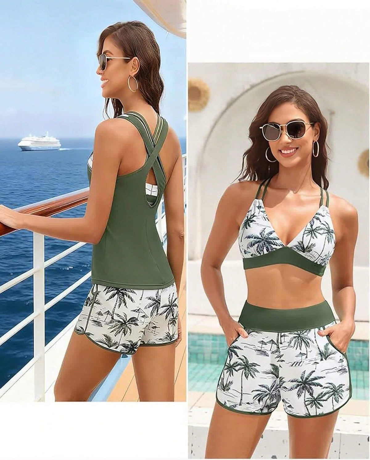 Women's Three-Piece Split Swimsuit With Pockets,-Back Design, Bikini With Shorts, Sports Swimwear, Summer Clothing, Vacation Wear