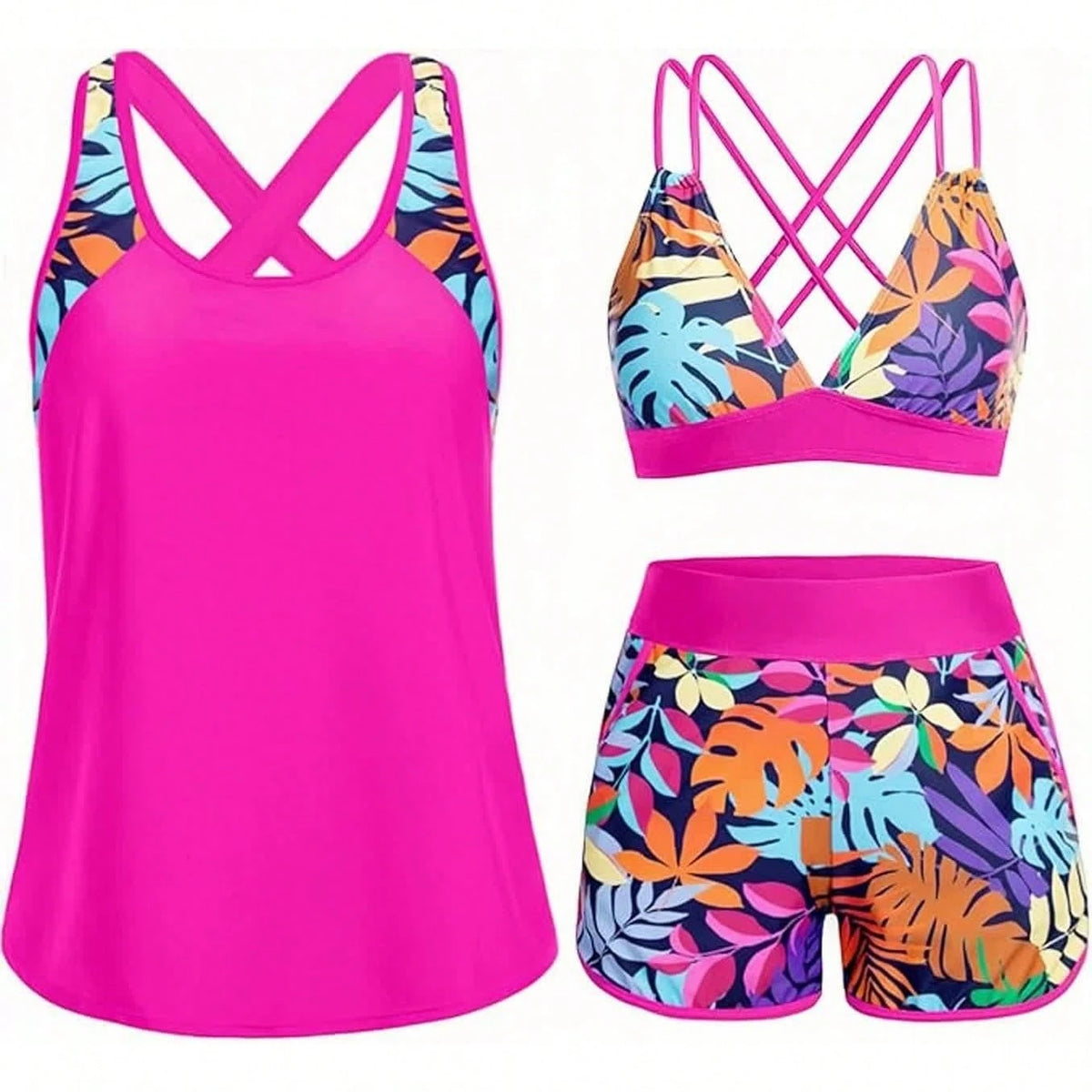 Women's Three-Piece Split Swimsuit With Pockets,-Back Design, Bikini With Shorts, Sports Swimwear, Summer Clothing, Vacation Wear